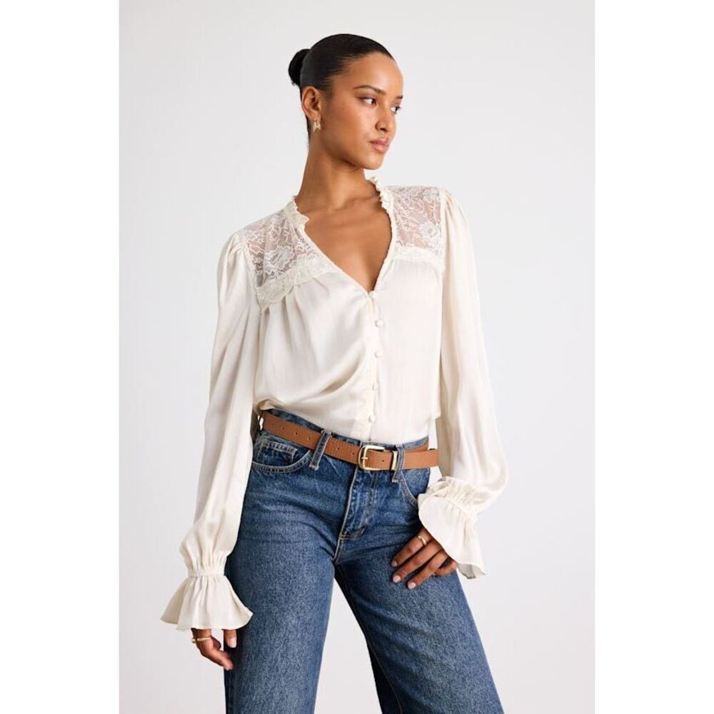 Lulus Atwood Ivory Textured Lace Long Sleeve Button-front Top White - Size M